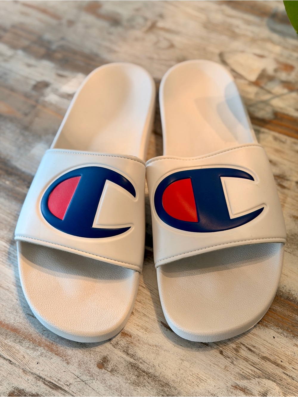 Champion White Slide Sandals with Blue and Red Logo